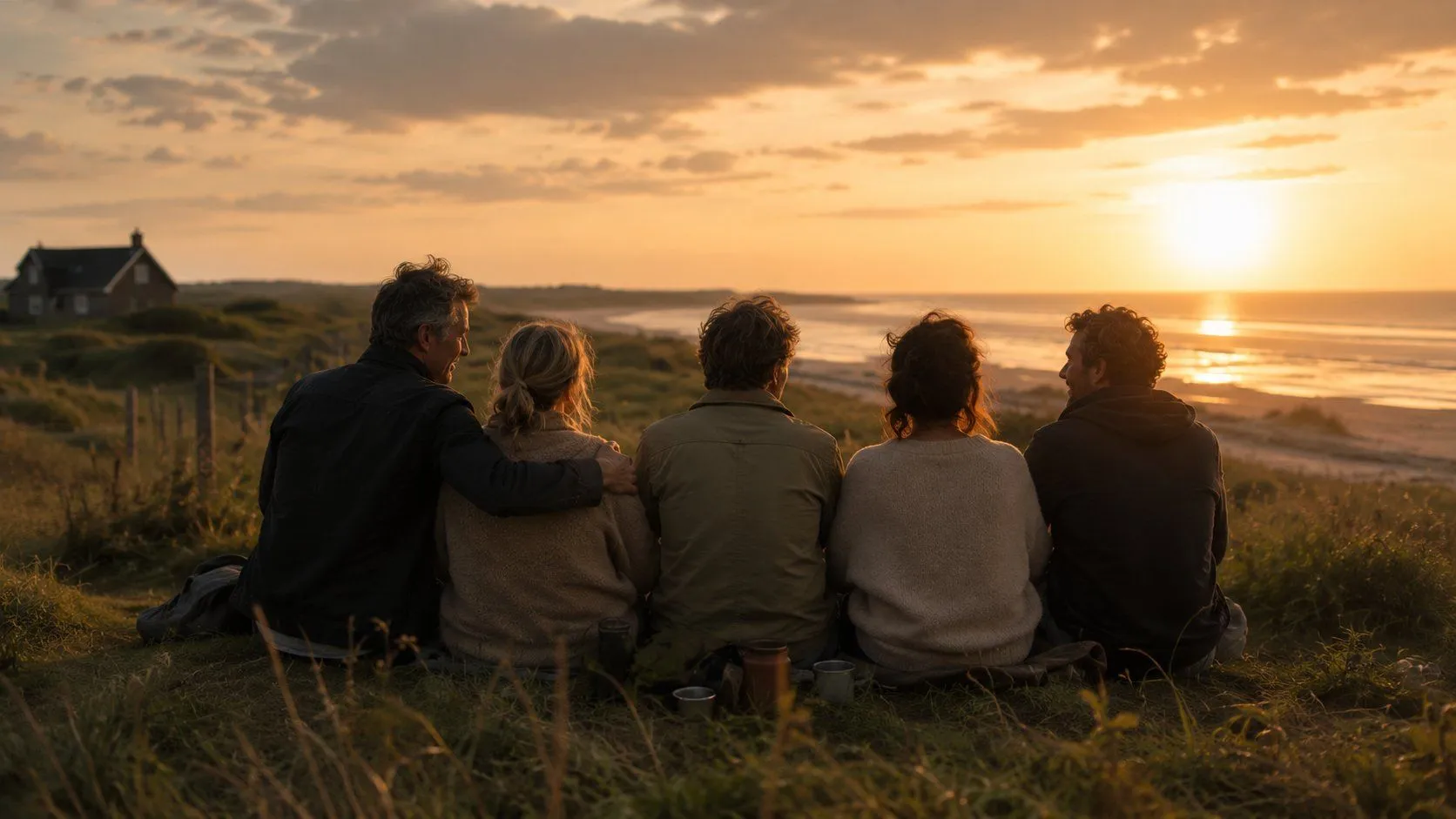 Vijf mensen kijken samen naar de zonsondergang aan zee