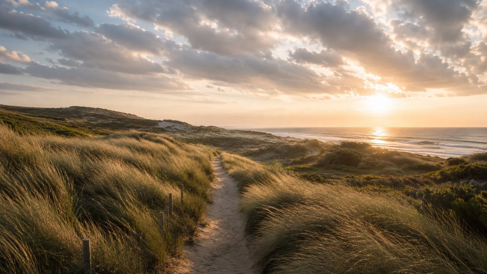 Duinpad naar zee bij zonsondergang