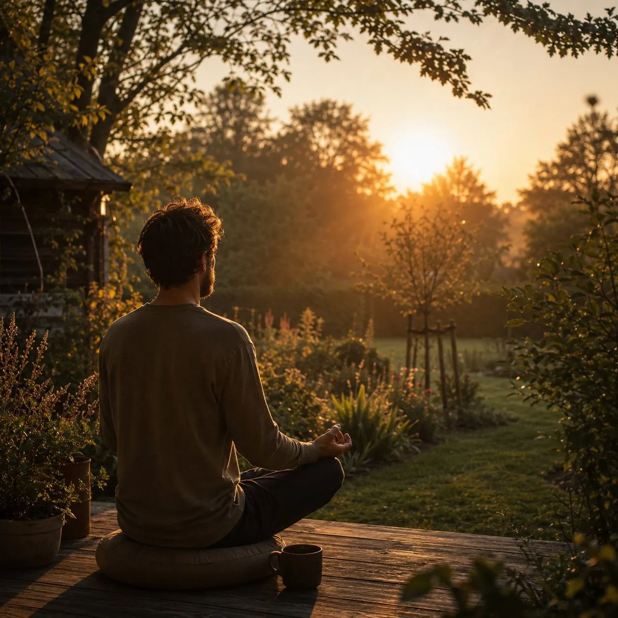 Man mediteert in de tuin bij zonsopkomst